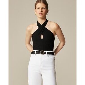 NWT!! J. CREW Stretch Cotton Halter Top Twist Solid Black Keyhole Knit Small